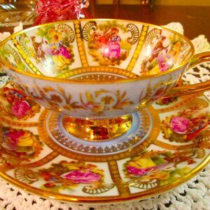 Antique porcelain Fragonard Courtship love scenes teacup & saucer made in German